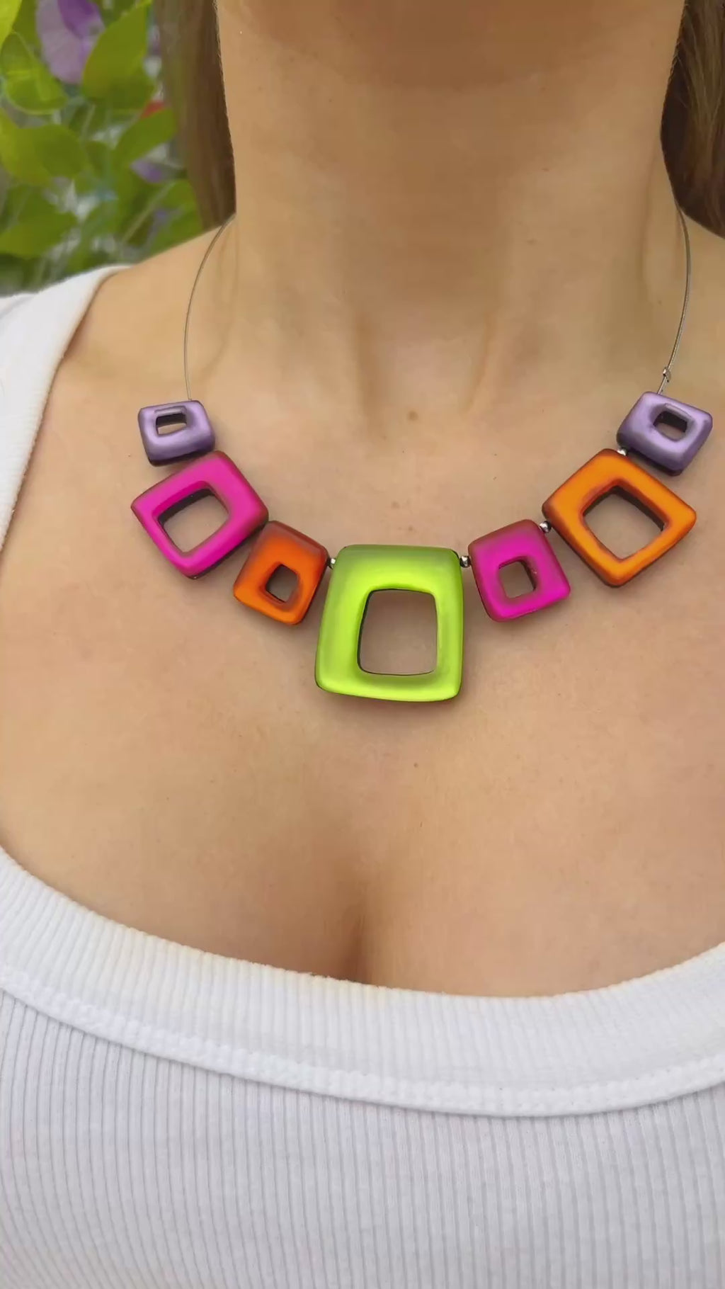 Sherbet Pink, Purple, Green & Orange Hollow Squares Necklace | Watch This Space