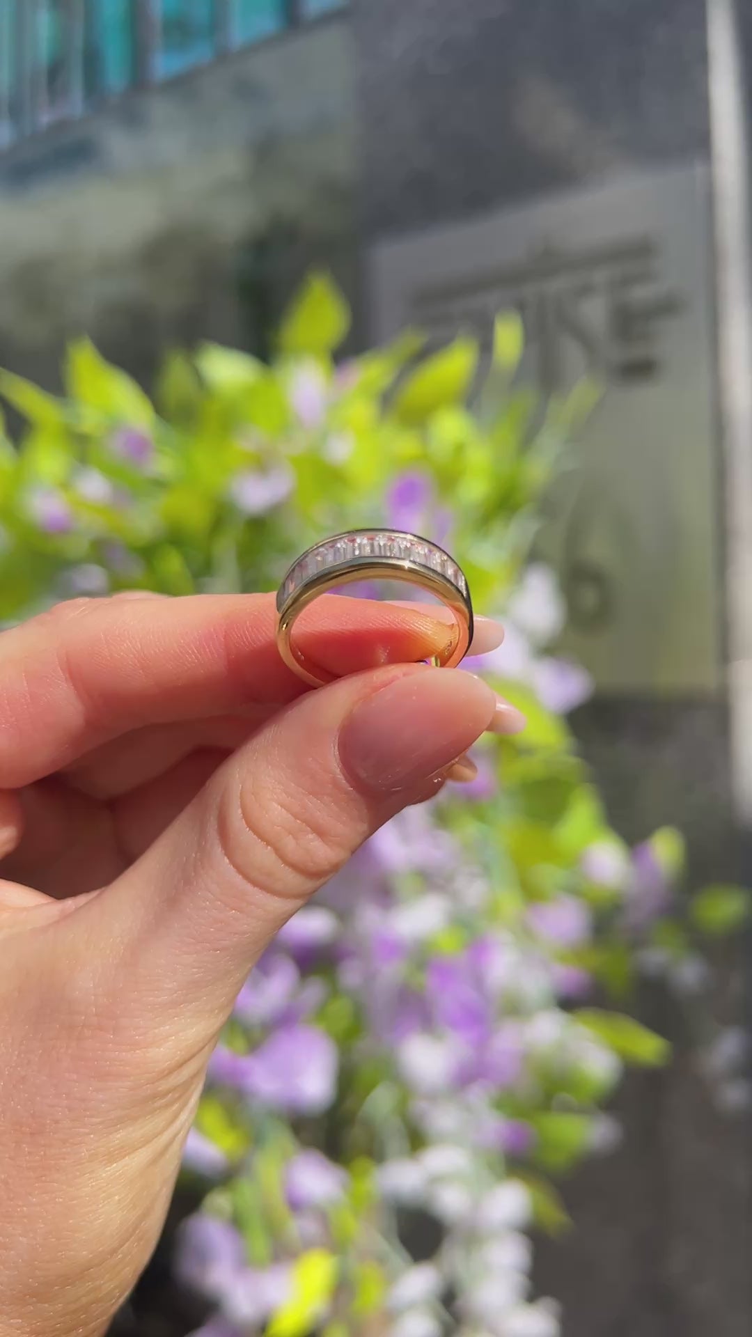 Baguette Cut Tension Set Cubic Zirconia 9ct Yellow Gold Band Ring | Size N ½