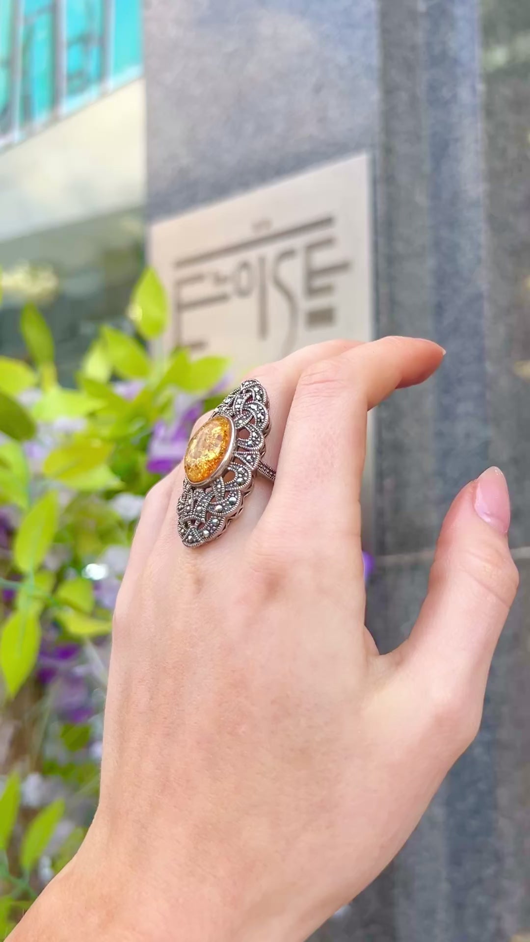 Orange Amber & Marcasite Sterling Silver Ring | Size O ½