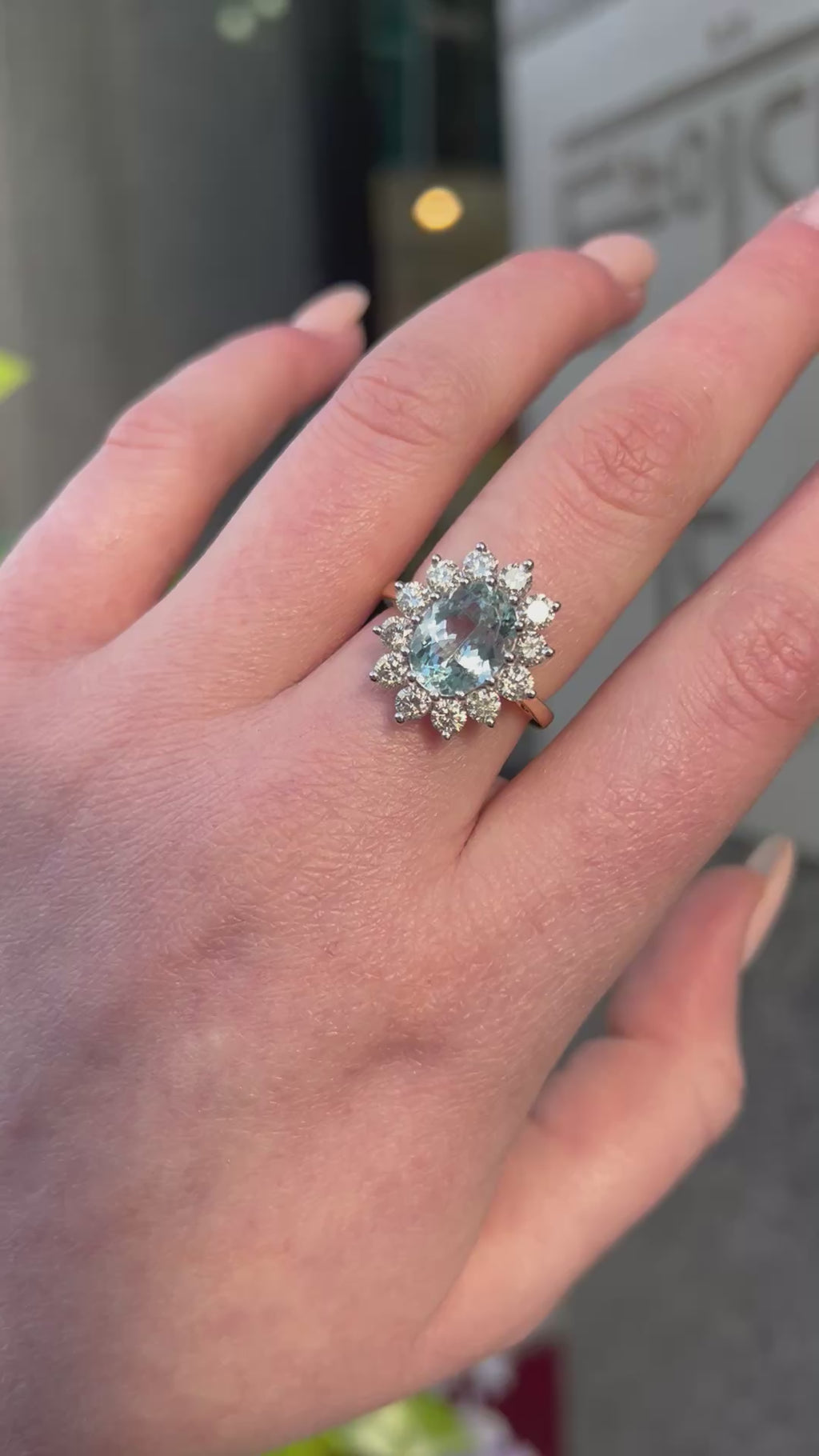 Aquamarine and Diamond Classic Cluster 14ct Yellow Gold Ring | Size N ½