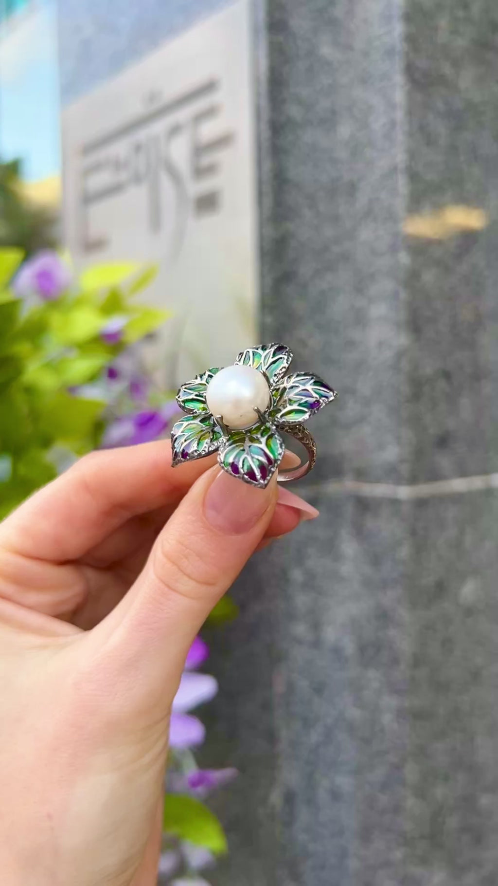 Pearl and Green/Purple Ombre Enamel Sterling Silver Ring | Size O