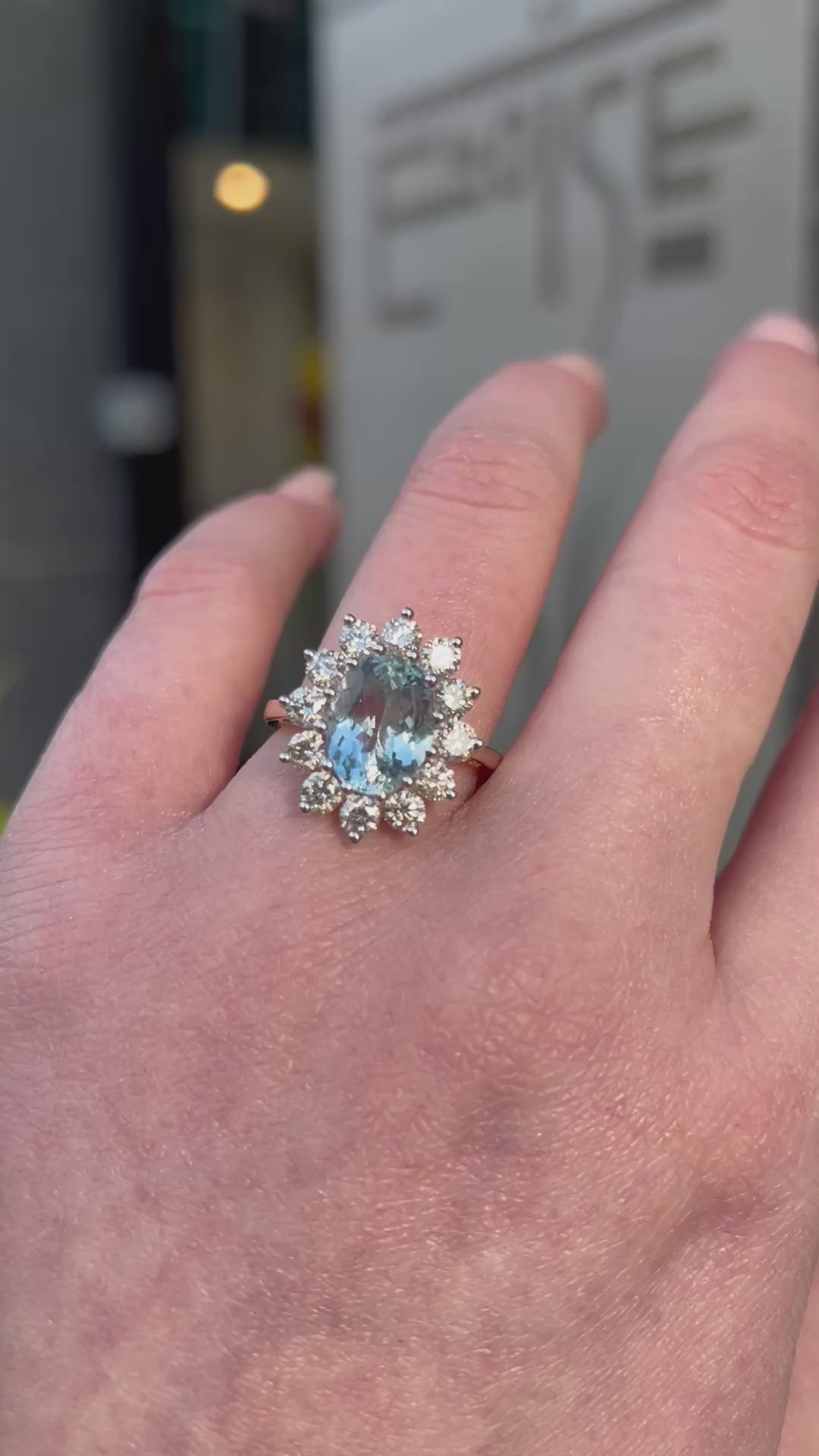 Aquamarine and Diamond Classic Cluster 14ct Yellow Gold Ring | Size N ½