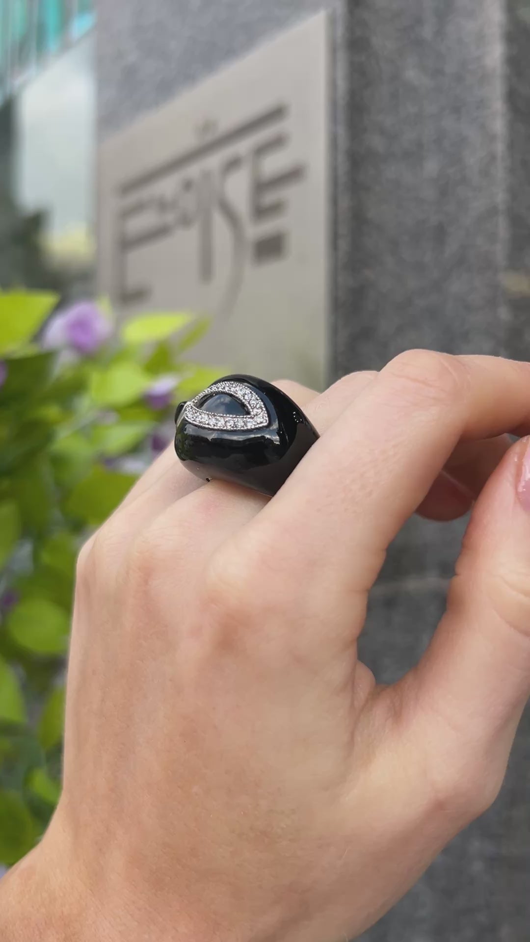 Onyx & Cubic Zirconia Sterling Silver Chunky Design Ring | Size Q