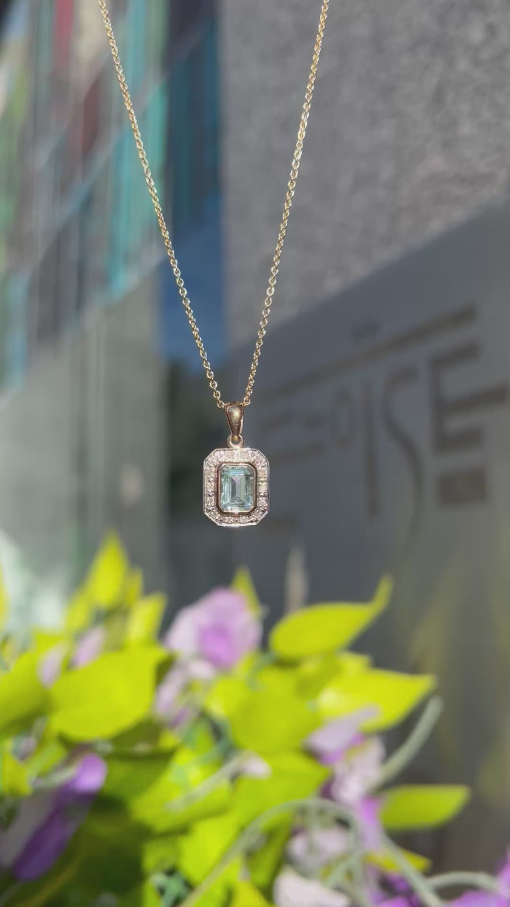 Aquamarine and Diamond Dainty Art Deco Inspired 9ct Yellow Gold Necklace
