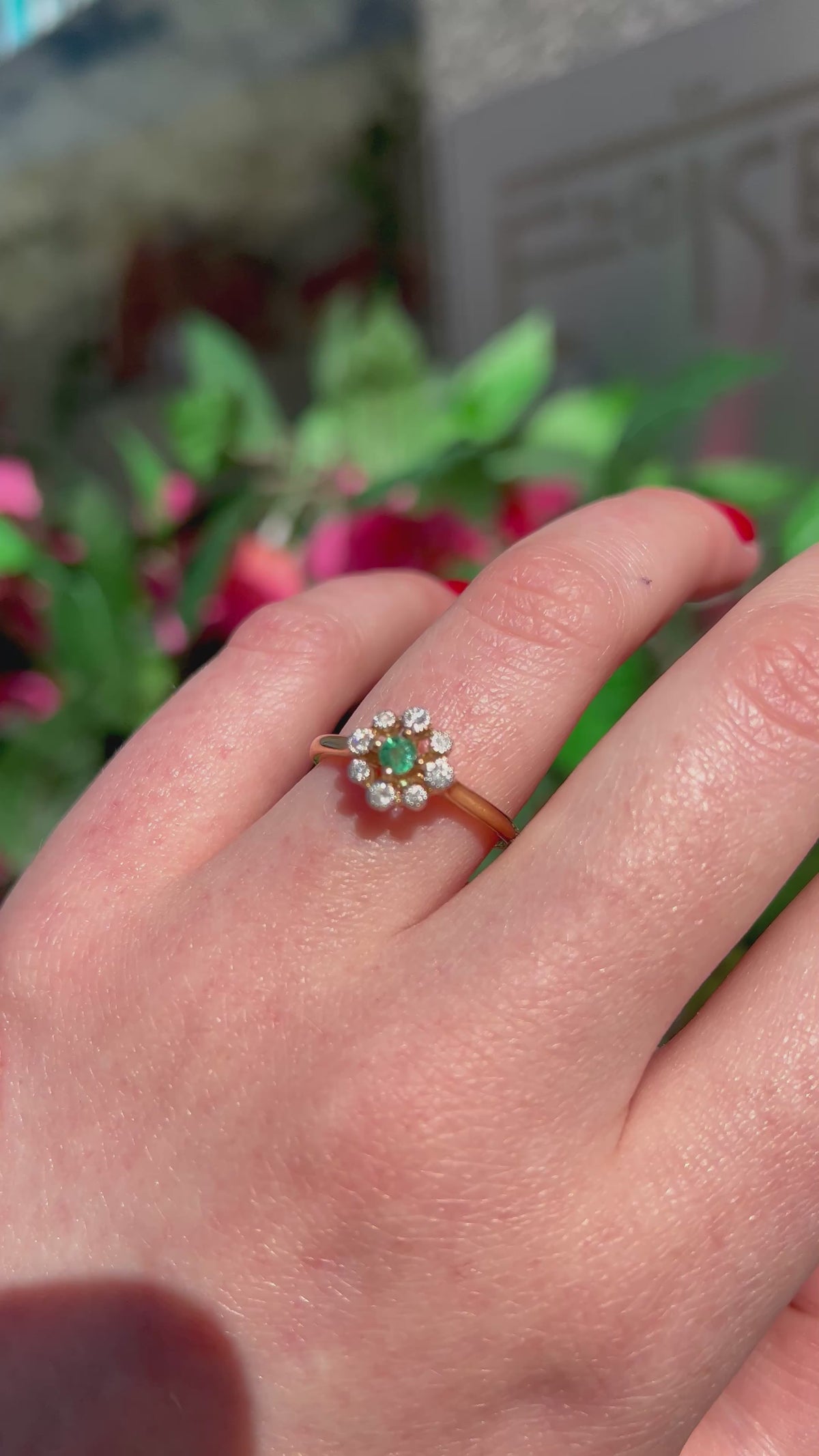 Emerald and Diamond 9ct Yellow Gold Flower Ring | Size O ½