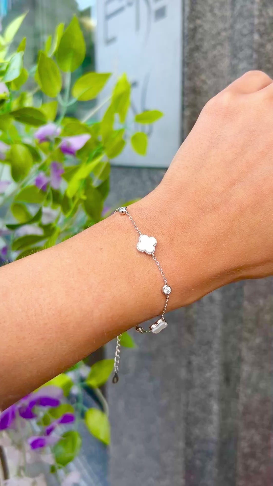 Mother of Pearl & Cubic Zirconia Sterling Silver Clover Dainty Bracelet