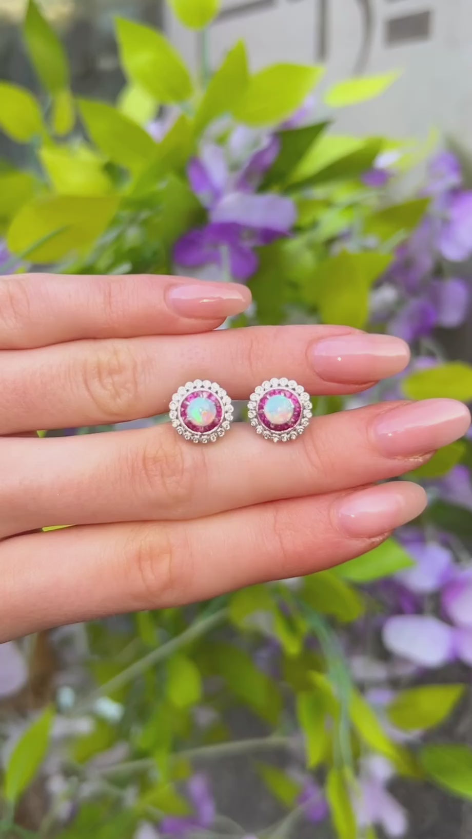 Ruby, Diamond & Opal 18ct White Gold Halo Stud Earrings