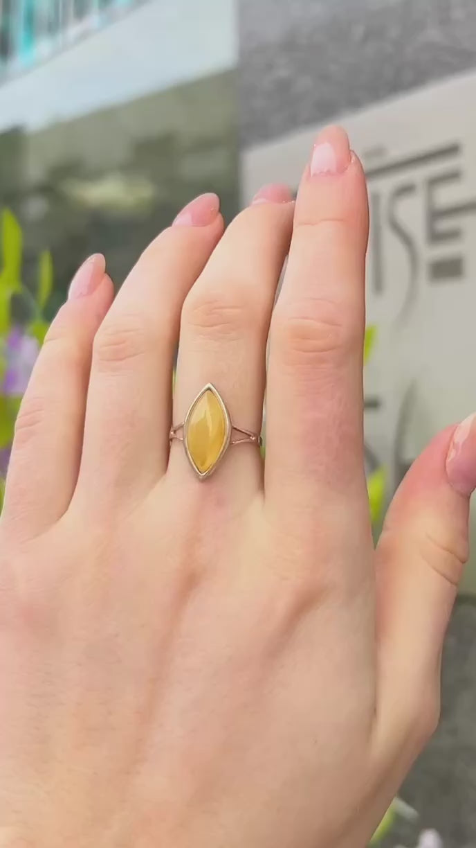Yellow Butterscotch Amber Sterling Silver Marquise Cut Ring
