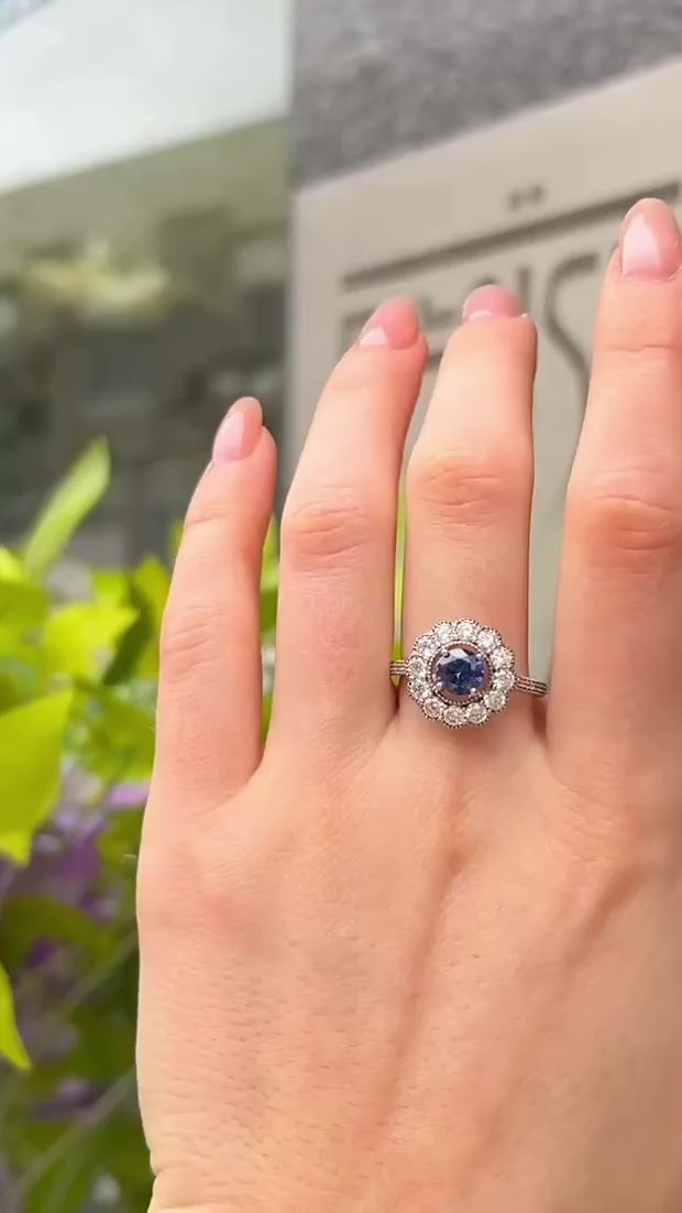 Blue Cubic Zirconia Sterling Silver Halo Ring | Size O ½