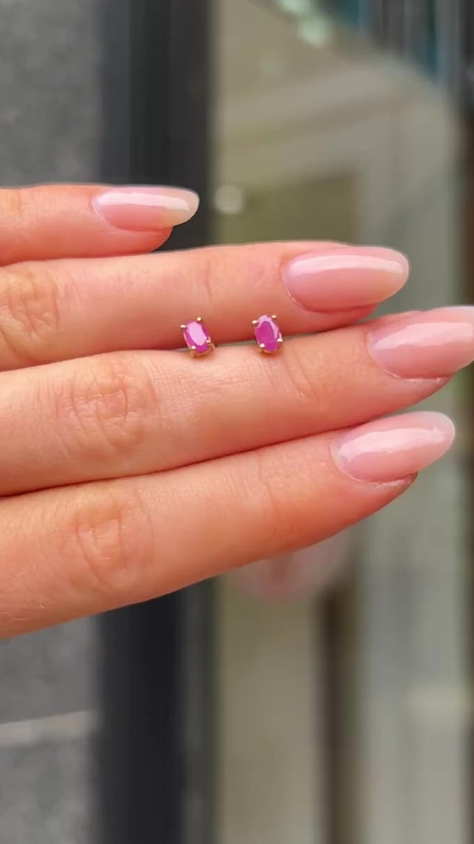 Pink Ruby Oval Cut 9ct Yellow Gold Dainty Stud Earrings