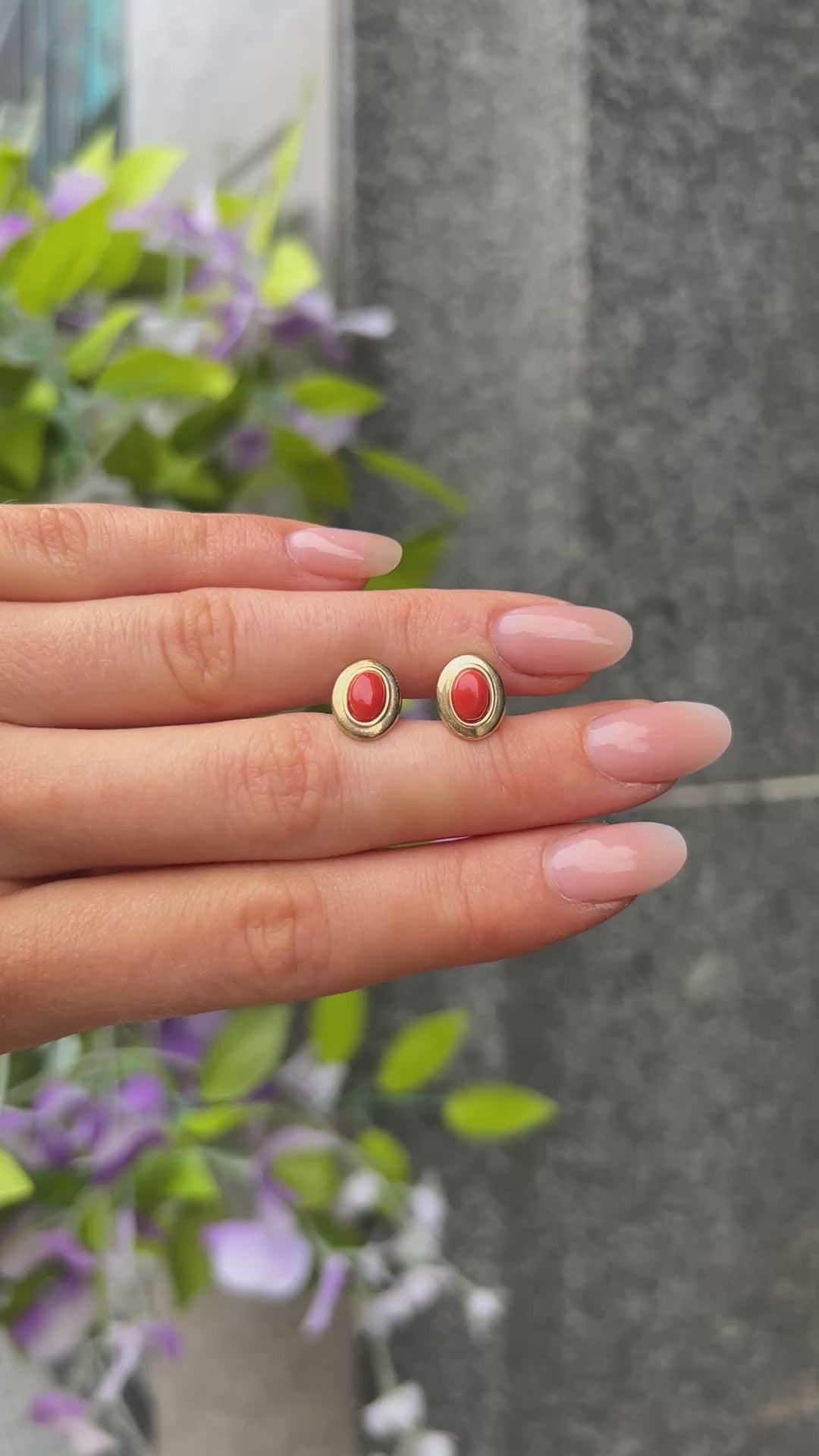 Rare Oval Coral 9ct Yellow Gold Stud Earrings