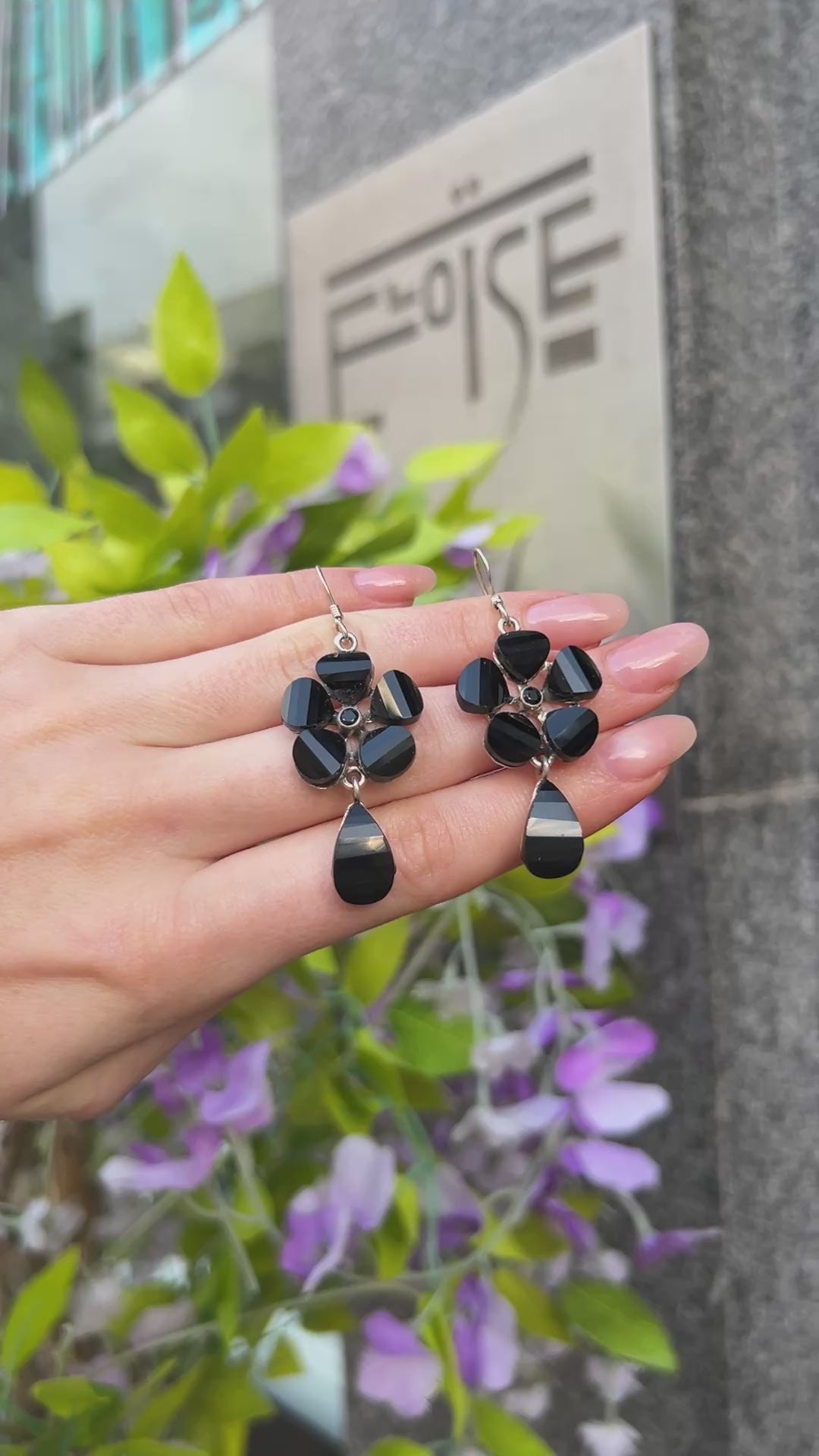 Onyx Sterling Silver Flower Drop Earrings