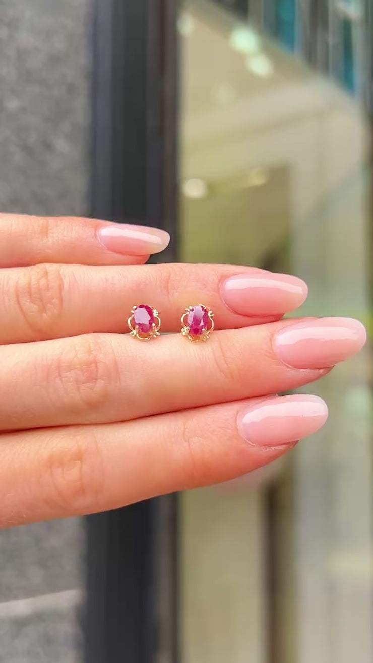 Pink Ruby Oval Cut 9ct Yellow Gold Dainty Stud Earrings