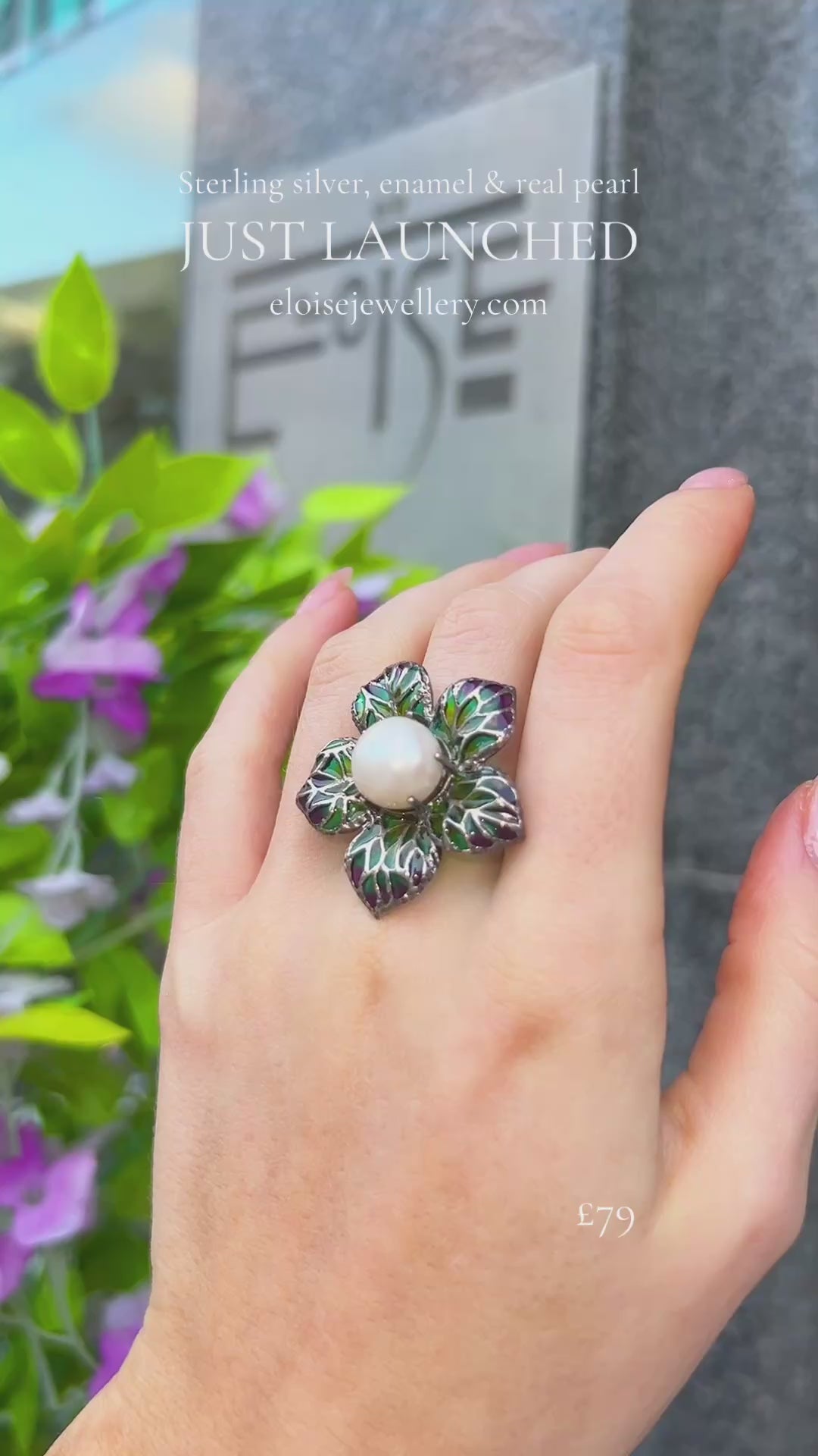 Pearl and Green/Purple Ombre Enamel Sterling Silver Ring | Size O
