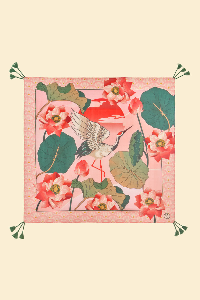 Tasselled 100% Silk Crane at Sunrise in Petal Scarf | Powder Accessories
