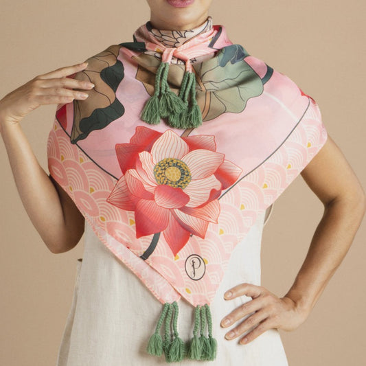 Powder Accessories Tasselled 100% Silk Crane at Sunrise in Petal Scarf