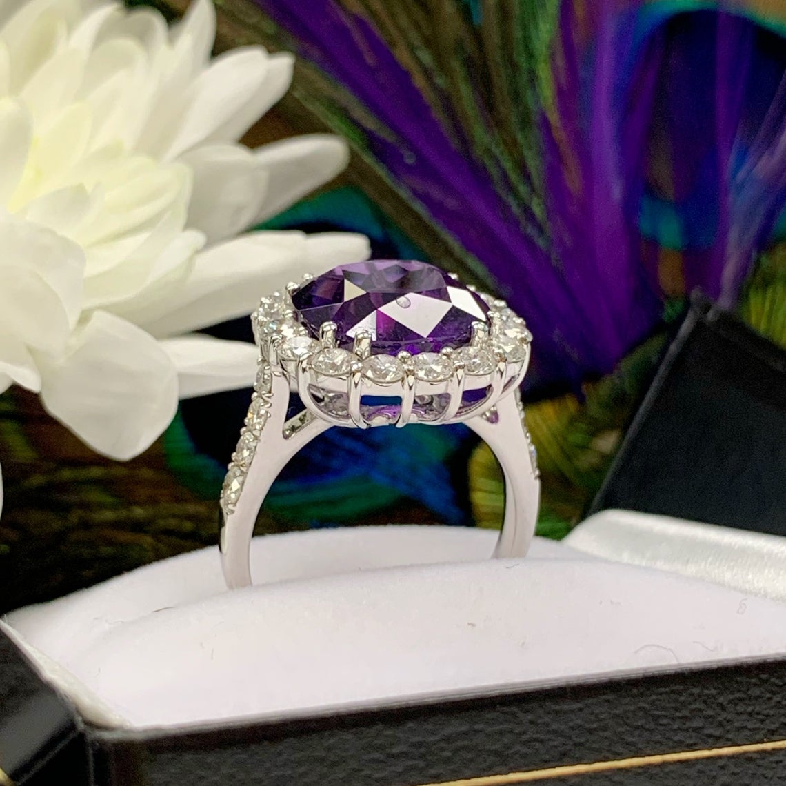 Spectacular 18ct White Gold Amethyst and Diamond Ring – SIZE N 1/2