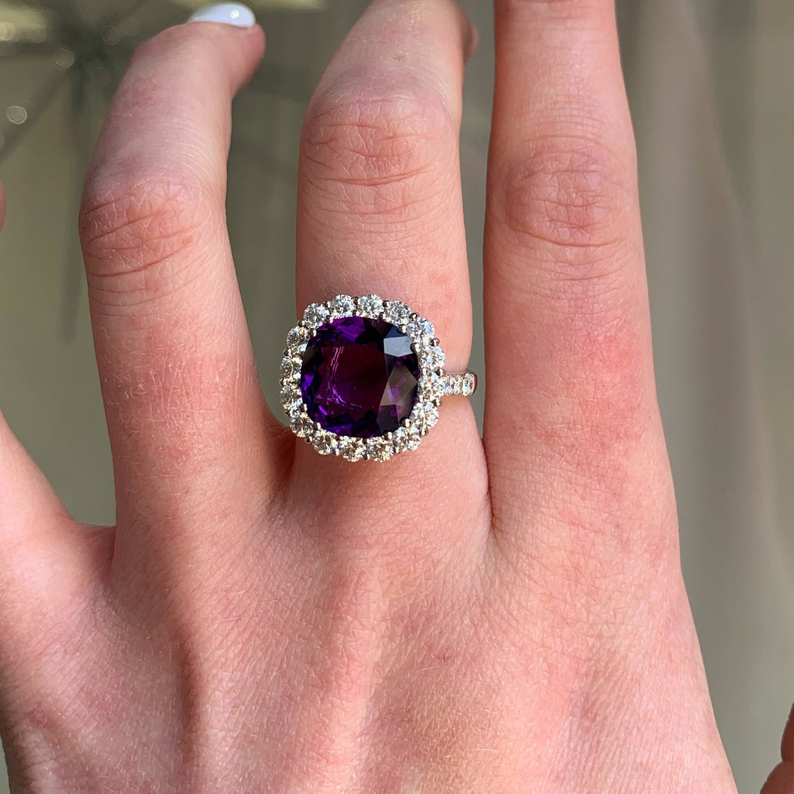 Spectacular 18ct White Gold Amethyst and Diamond Ring – SIZE N 1/2