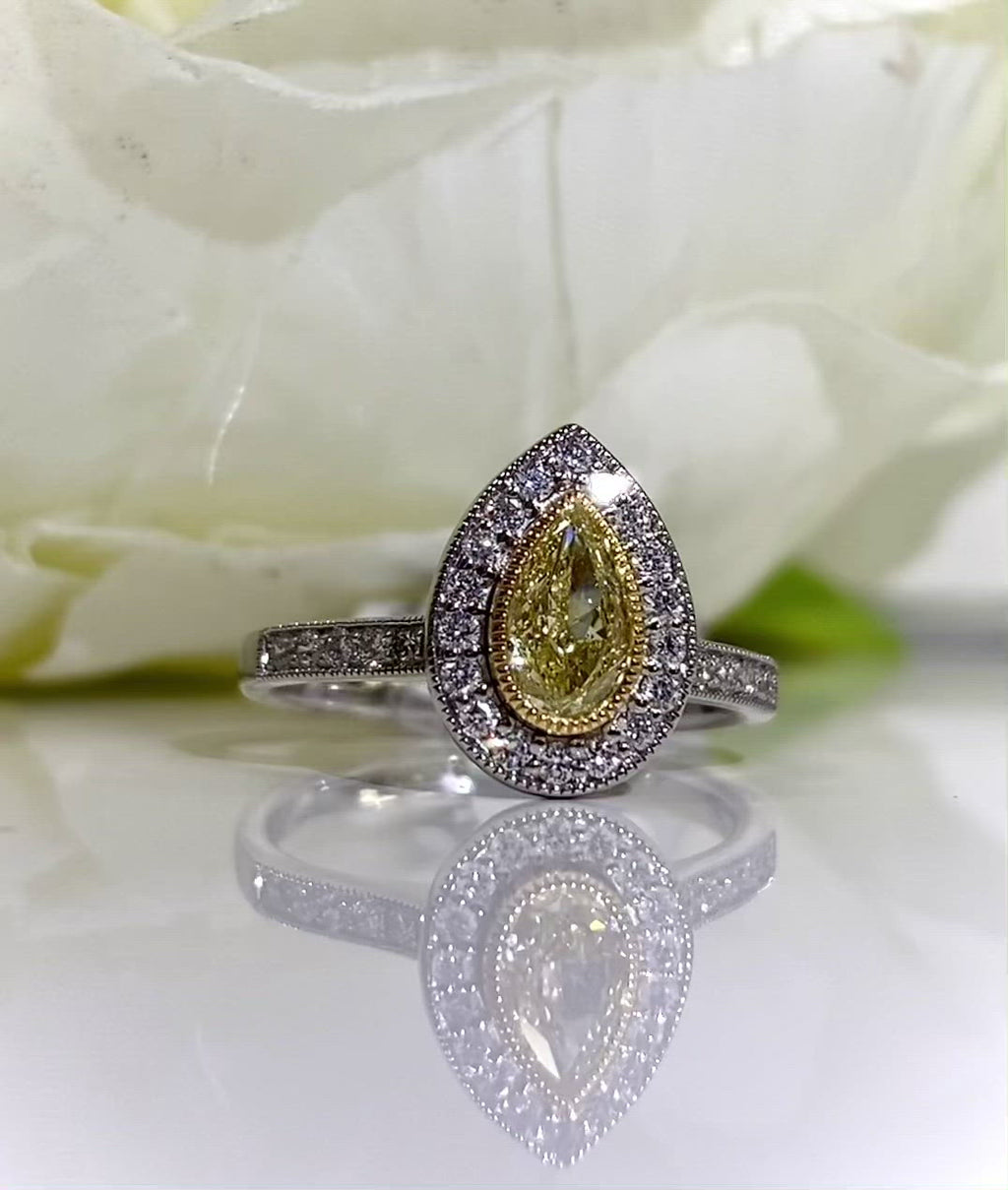 Rare Canary Lemon Yellow Diamond Pear Halo Platinum Ring | Size M