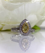 Rare Canary Lemon Yellow Diamond Pear Halo Platinum Ring | Size M