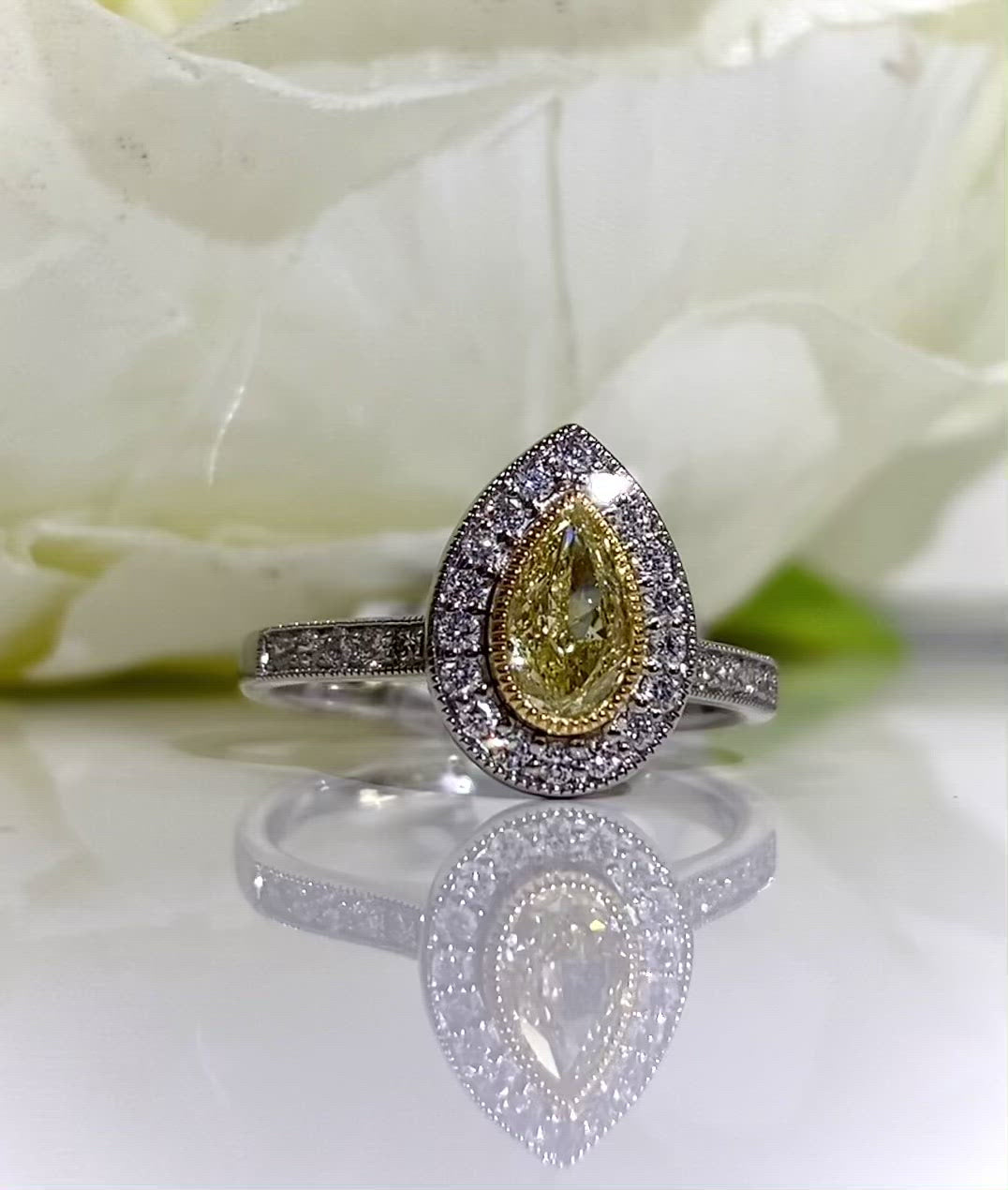 Rare Canary Lemon Yellow Diamond Pear Halo Platinum Ring | Size M