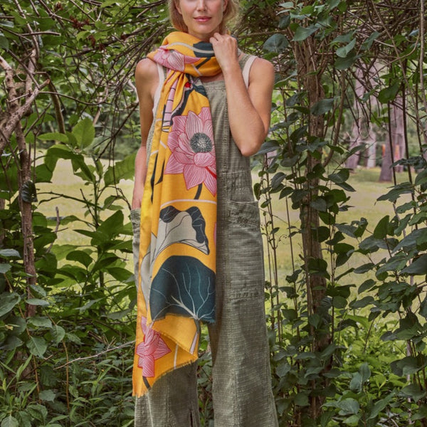 Powder Accessories Printed Crane at Sunrise - Mustard Scarf