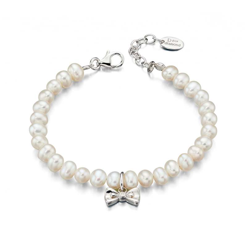 Children’s D for Diamond Pearl & Silver Bow Charm Bracelet