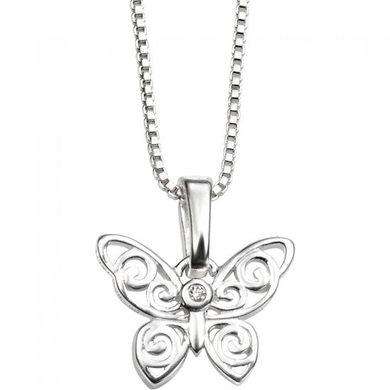 Diamond Sterling Silver Intricate Filigree Butterfly Children's Necklace | D for Diamond