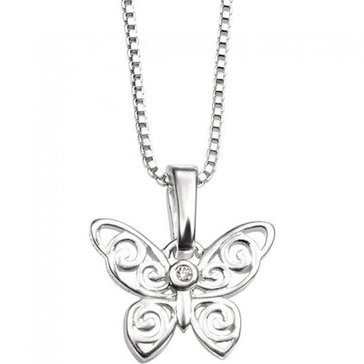 Diamond Sterling Silver Intricate Filigree Butterfly Children's Necklace | D for Diamond