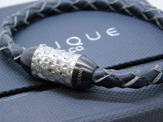 Men's UNIQUE & Co Black Genuine Leather Braided Spinner Bracelet with stainless steel magnet fastening hammered spinner feature