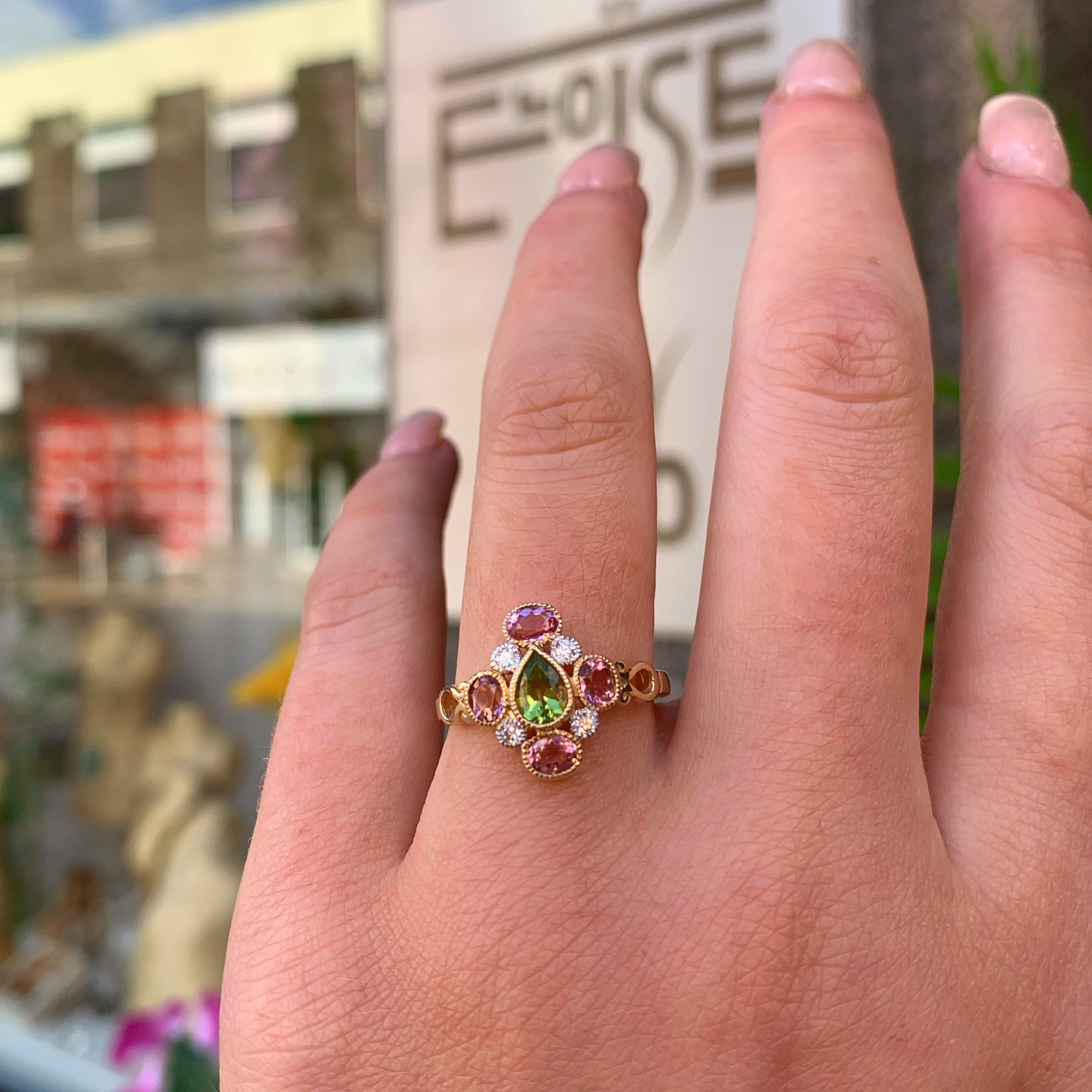 Victorian Reproduction Peridot, Pink Tourmaline and Diamond 9ct Yellow Gold Ring | Size N ½
