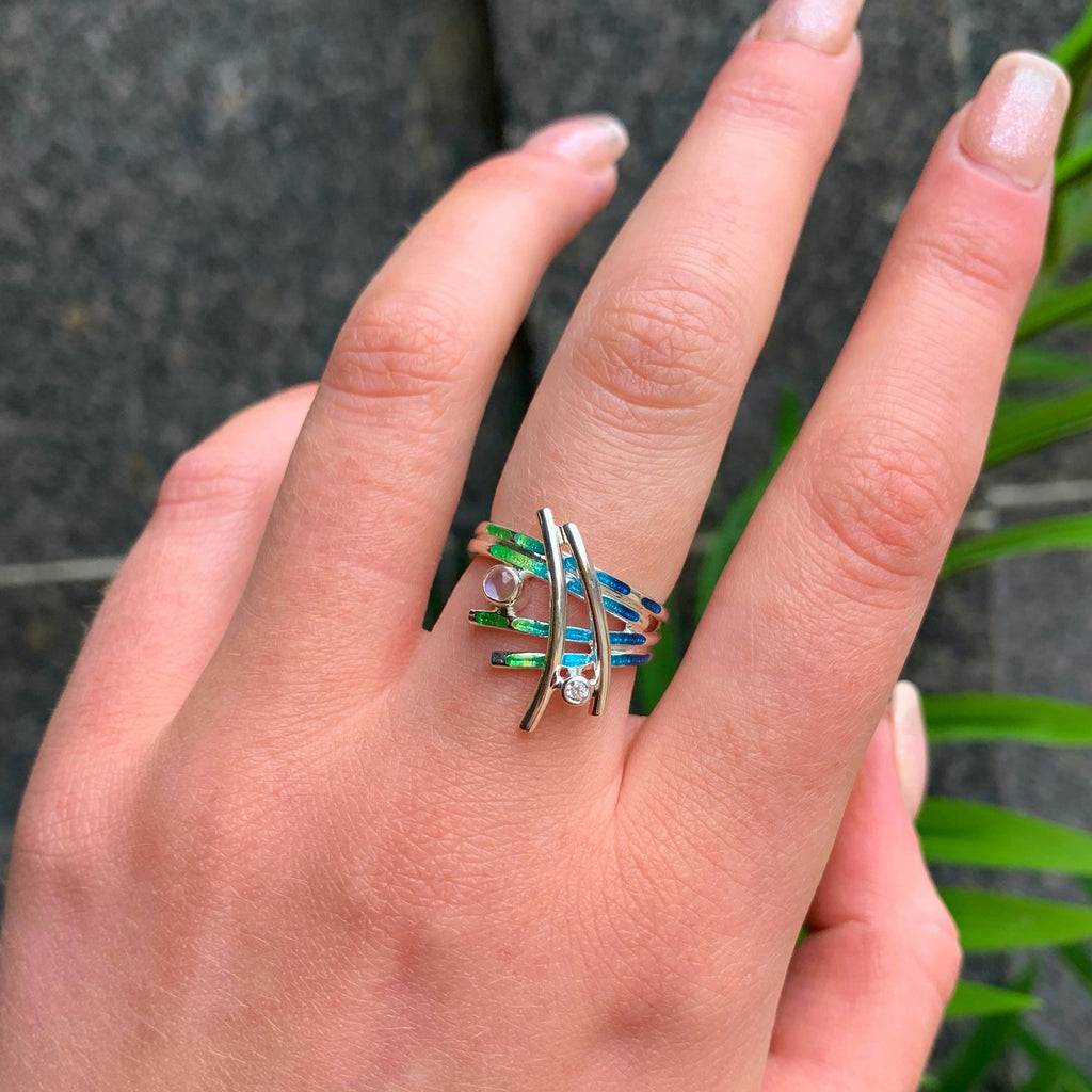 Pre-Order | Sterling Silver Wild Grasses Moonstone & Cubic Zirconia Ring in Meadow Enamel | Sheila Fleet