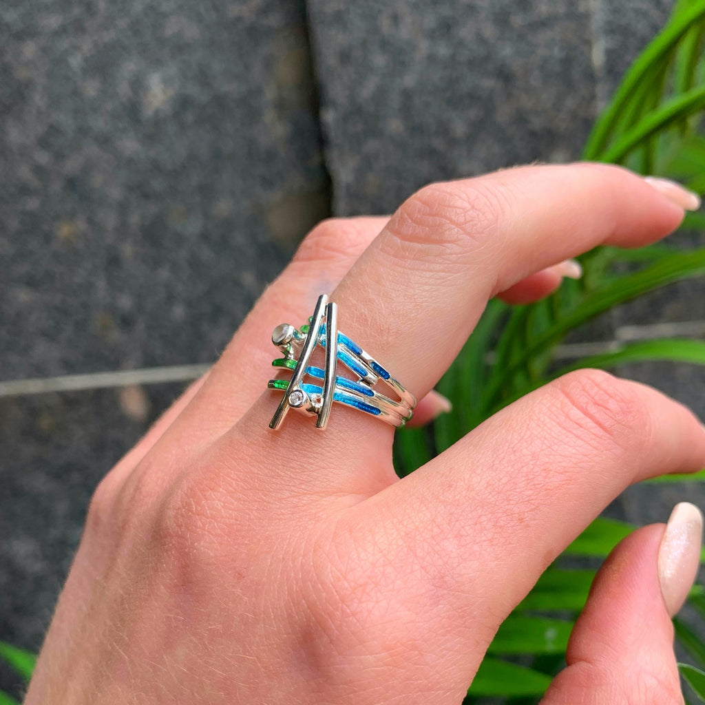 Pre-Order | Sterling Silver Wild Grasses Moonstone & Cubic Zirconia Ring in Meadow Enamel | Sheila Fleet