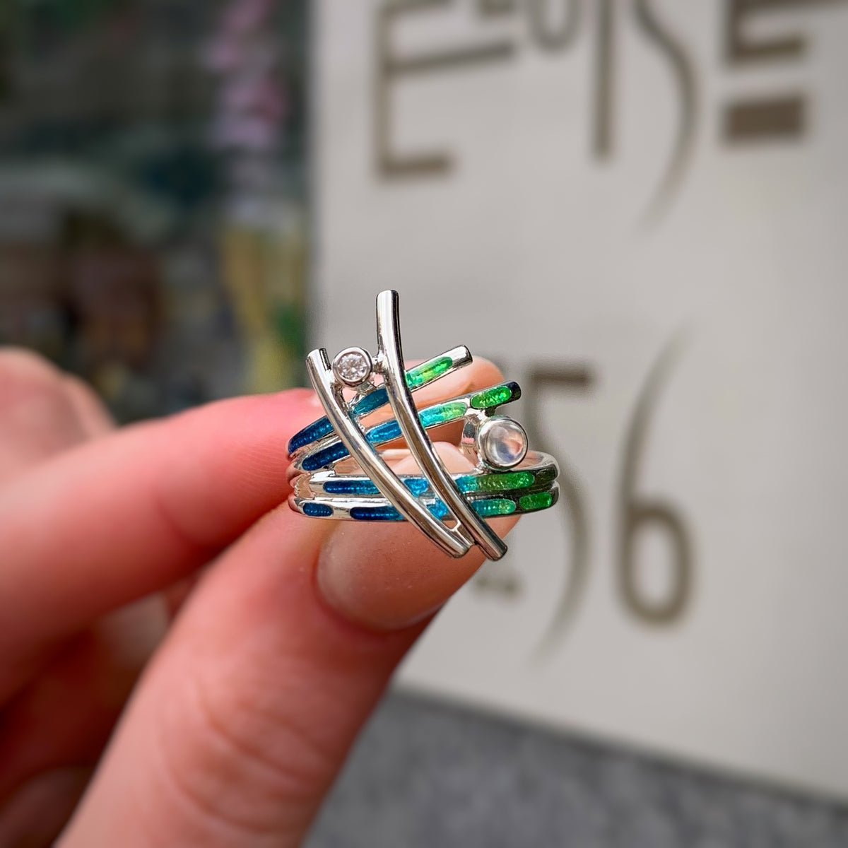 Pre-Order | Sterling Silver Wild Grasses Moonstone & Cubic Zirconia Ring in Meadow Enamel | Sheila Fleet