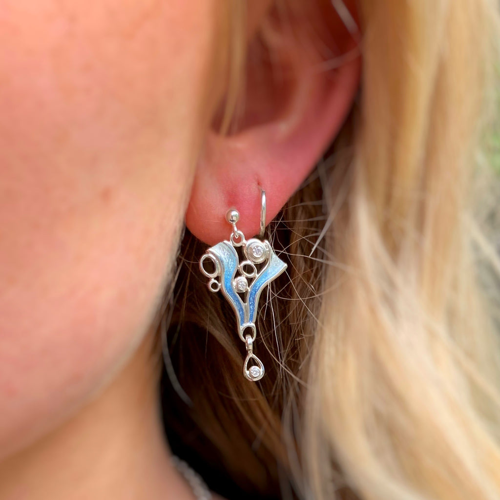 Pre-Order | Sheila Fleet Sterling Silver Arctic Stream Cubic Zirconia Droplet Earrings in Arctic Blue Enamel