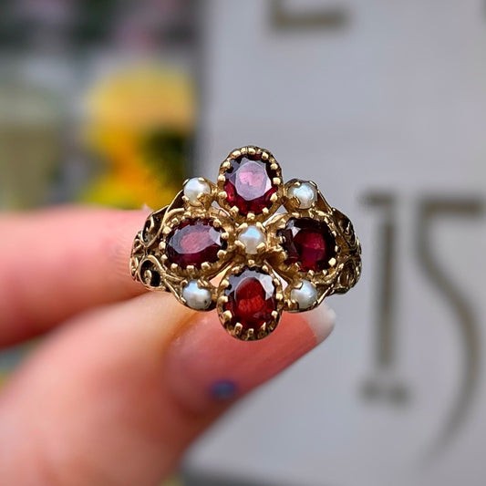 Vintage Victorian Reproduction 9ct Yellow Gold Garnet and Seed Pearl Cluster Ring - SIZE M