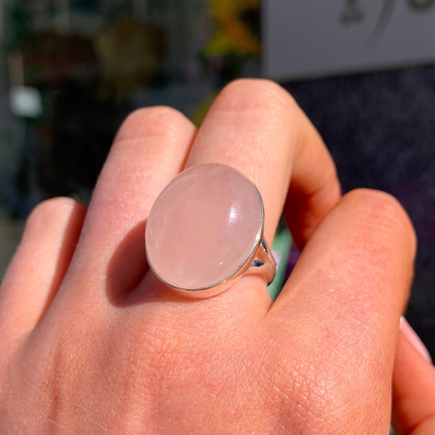 Large Sterling Silver Oval Rose Quartz Ring - Size R 1/2