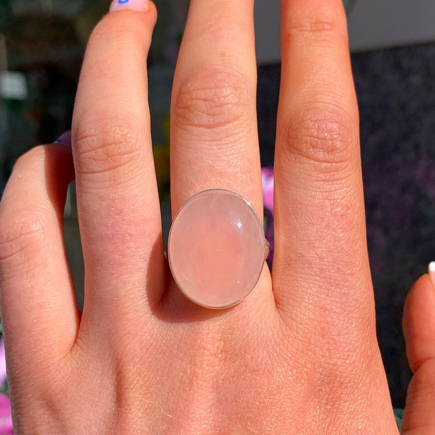 Large Sterling Silver Oval Rose Quartz Ring - Size R 1/2