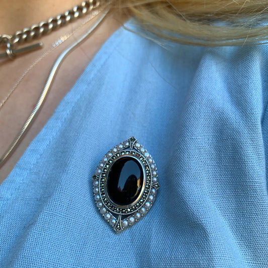 Victorian Inspired Sterling Silver Onyx, Seed Pearl and Marcasite Brooch