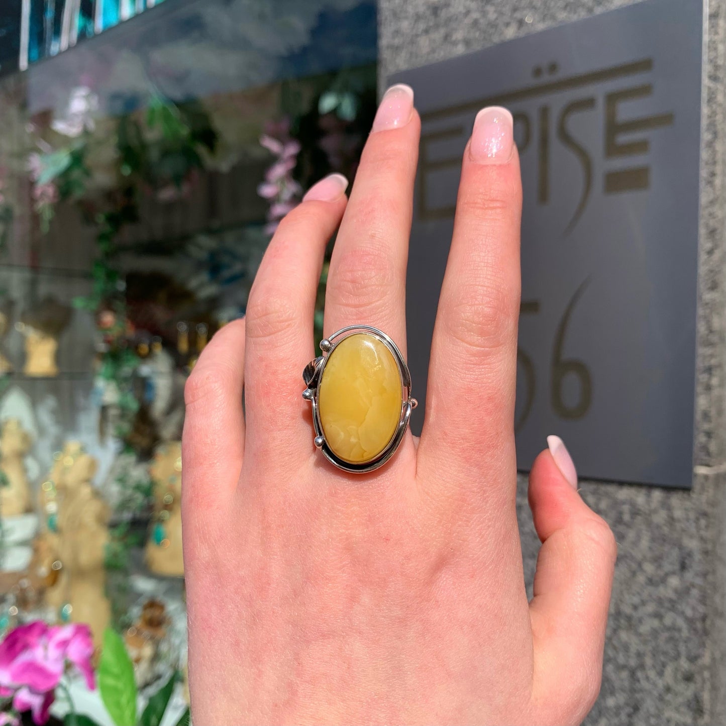 Nature Inspired Sterling Silver Butterscotch Amber Ring - Size P 1/2