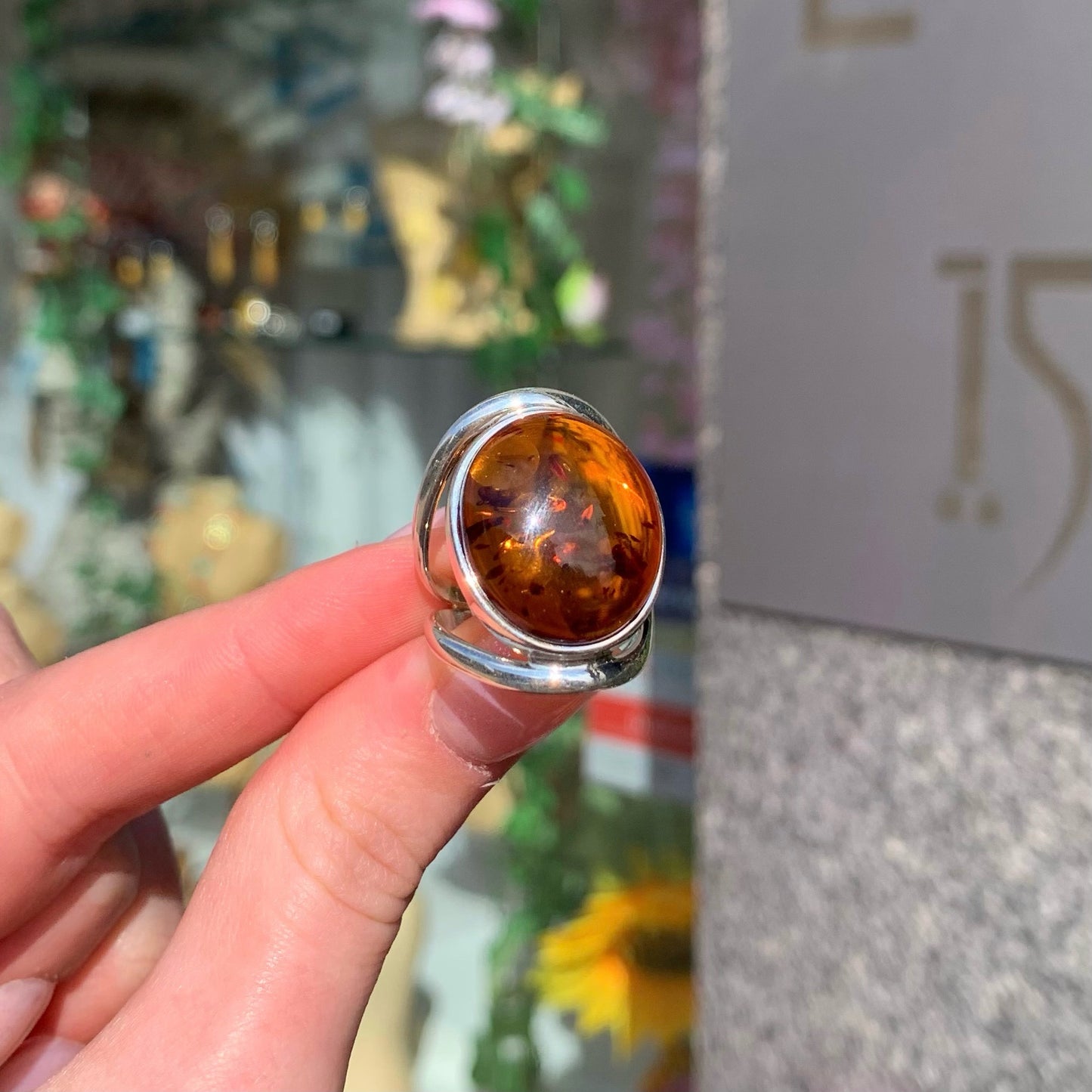 Sterling Silver Contemporary Adjustable Amber Ring