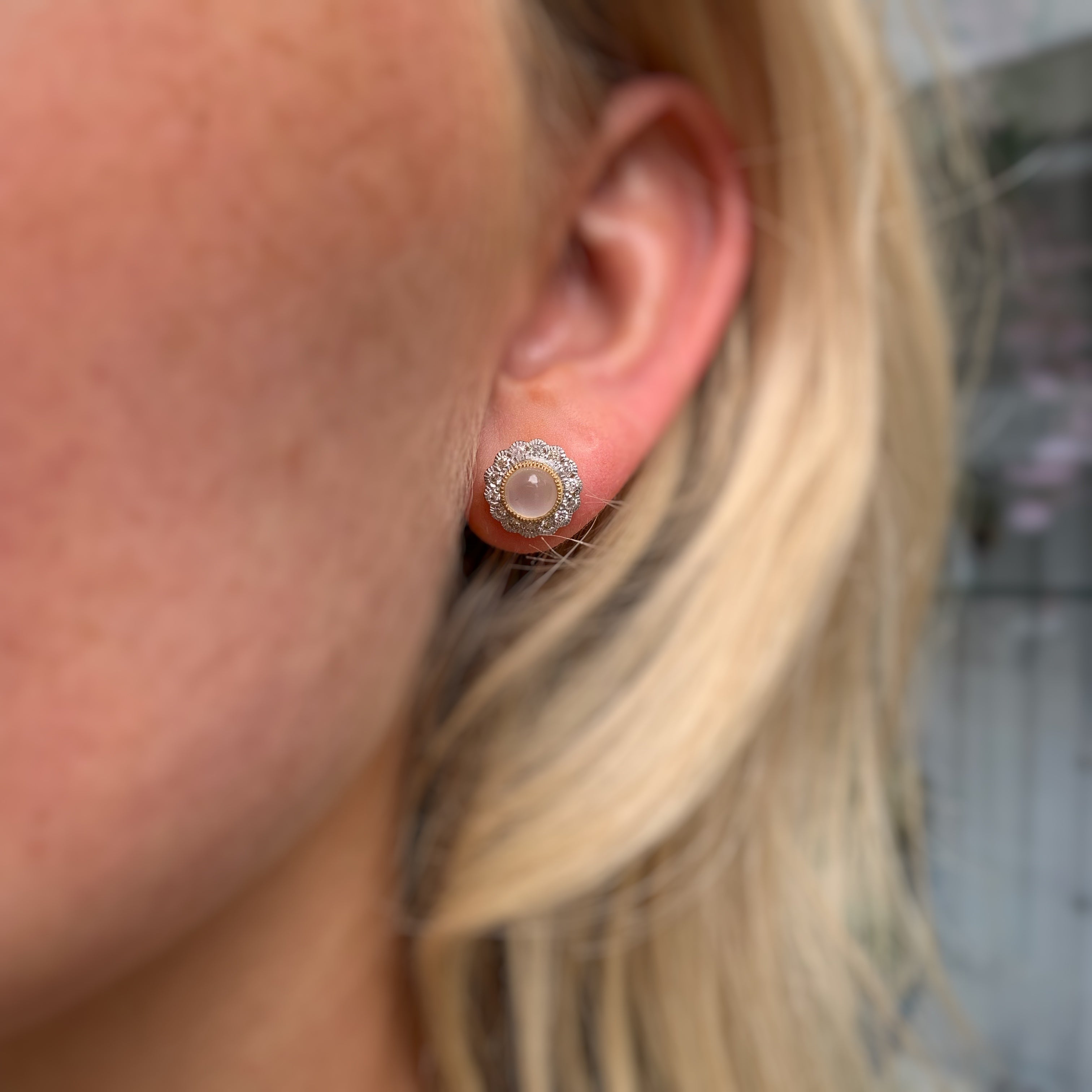 Moonstone and Diamond 9ct Gold Cluster Stud Earrings