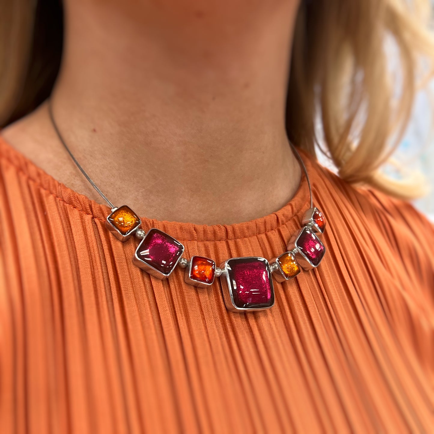 Watch This Space Shiny Pink and Orange Square Necklace
