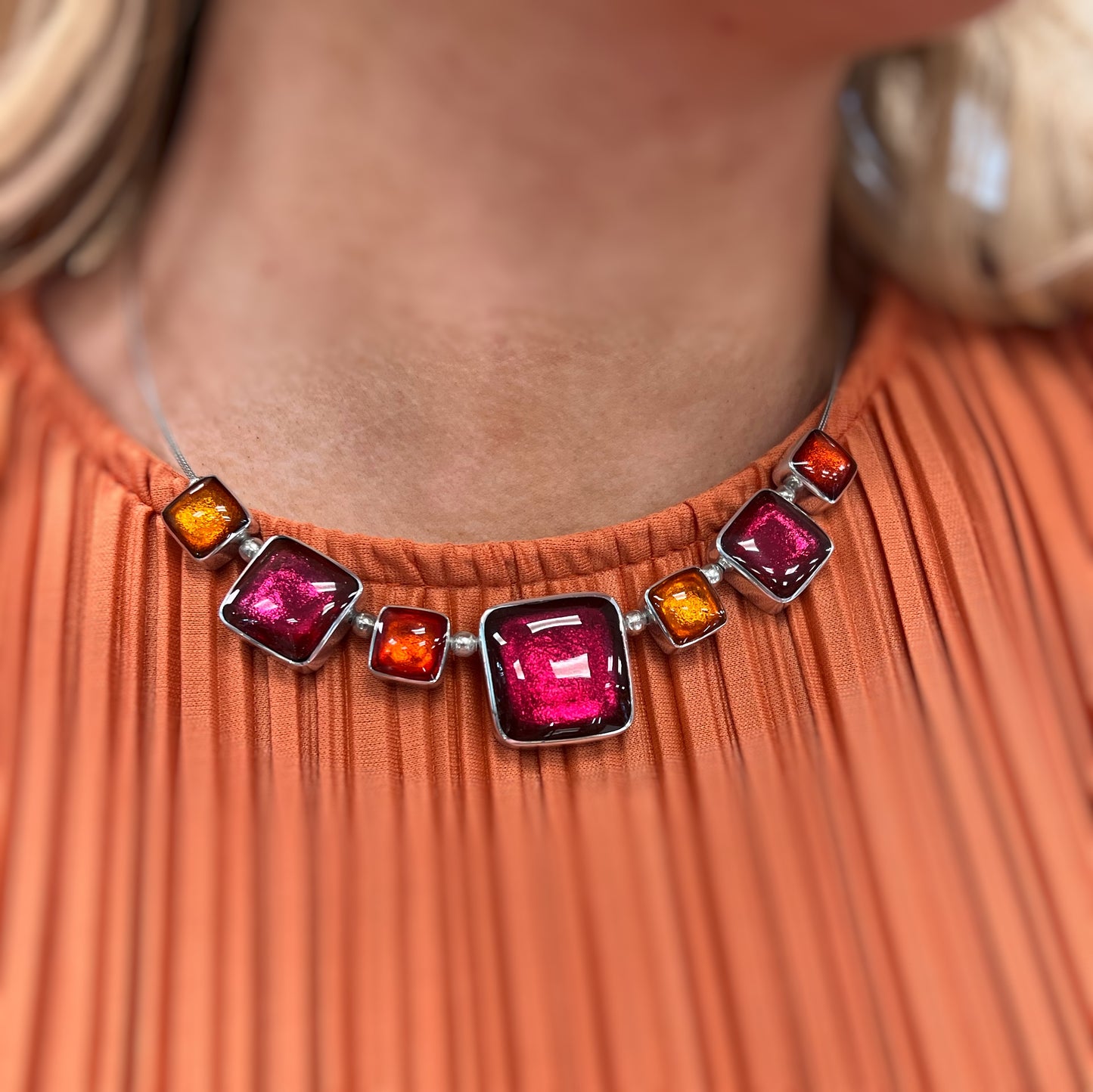 Watch This Space Shiny Pink and Orange Square Necklace