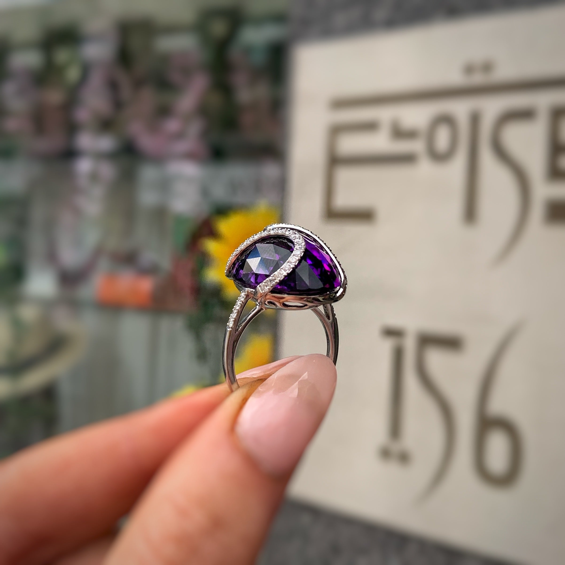 Chunky Amethyst and Diamond 18ct White Gold Cocktail Ring | Size M