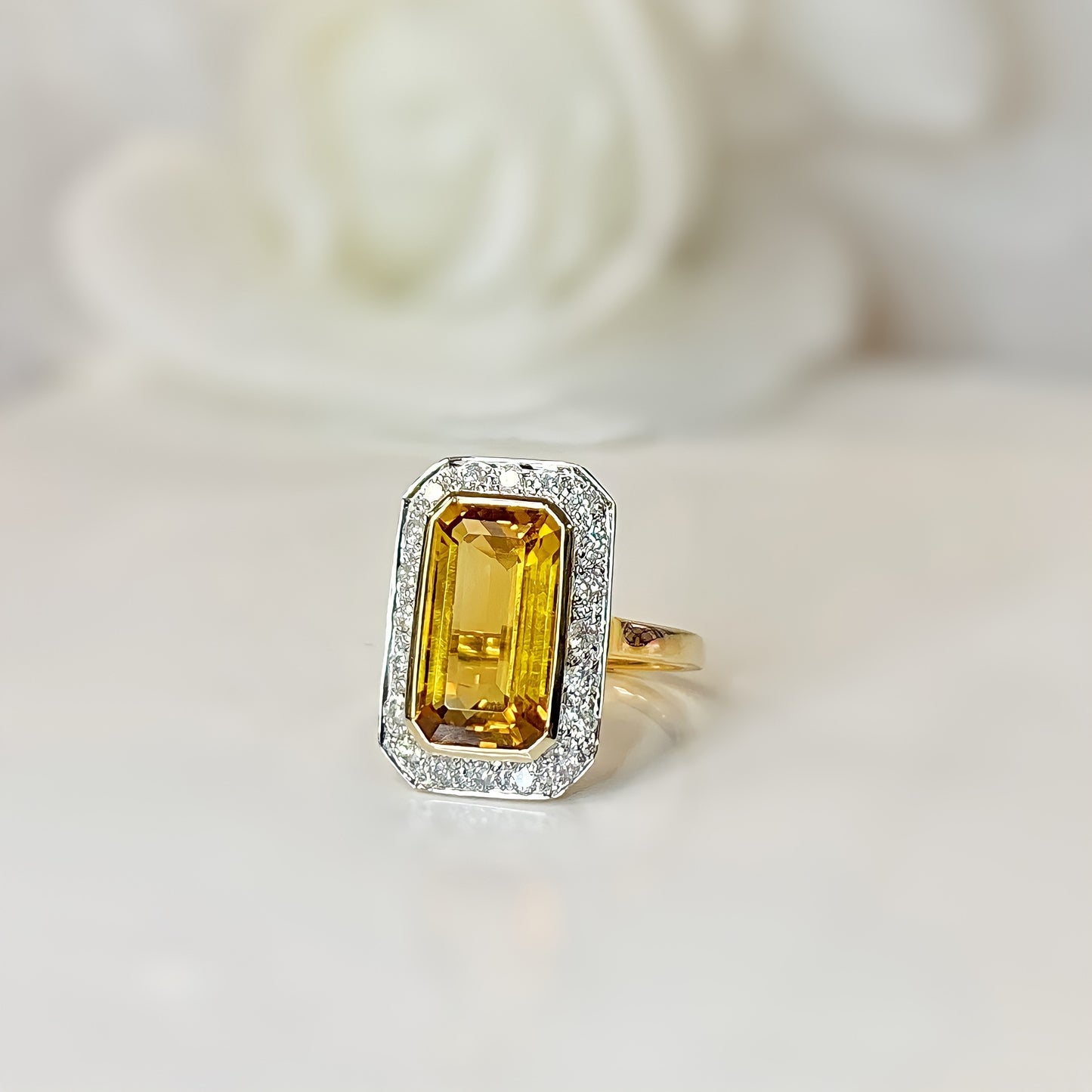 Alluring 9ct Yellow Gold Madeira Citrine and Diamond Halo Cocktail Ring - SIZE N 1/2