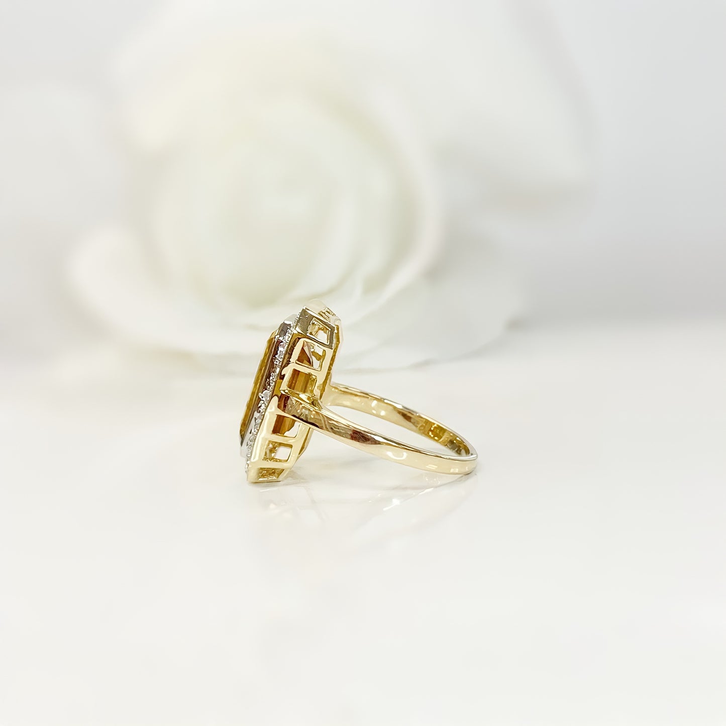 Alluring 9ct Yellow Gold Madeira Citrine and Diamond Halo Cocktail Ring - SIZE N 1/2