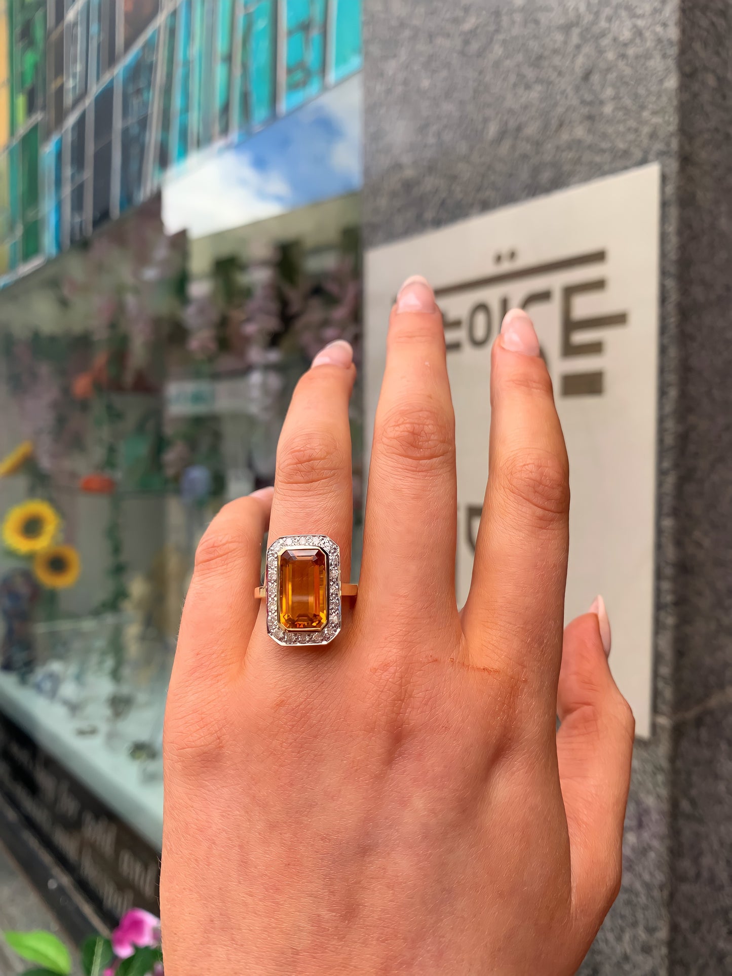 9ct Yellow Gold Madeira Citrine and Diamond Halo Cocktail Ring - Size N 1/2