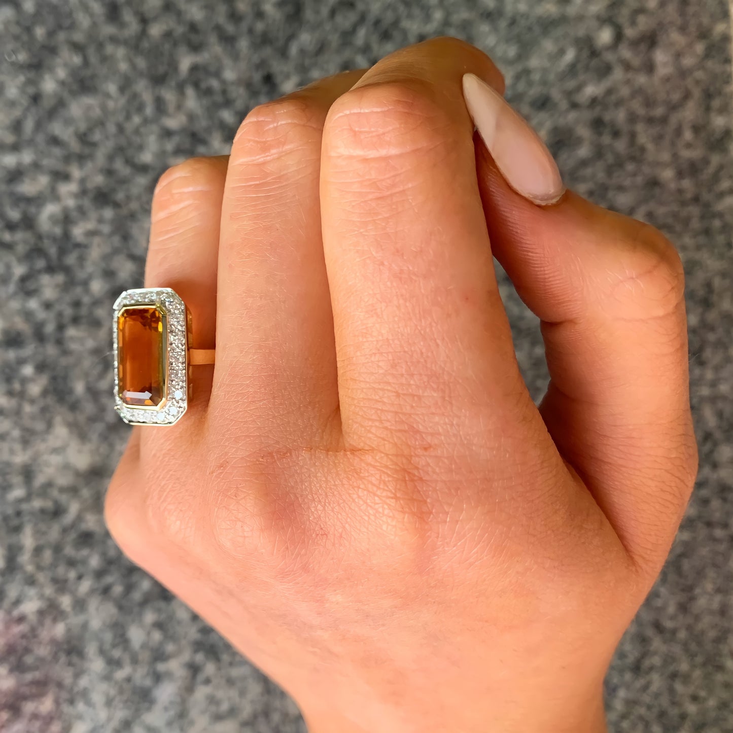 9ct Yellow Gold Madeira Citrine and Diamond Halo Cocktail Ring - Size N 1/2