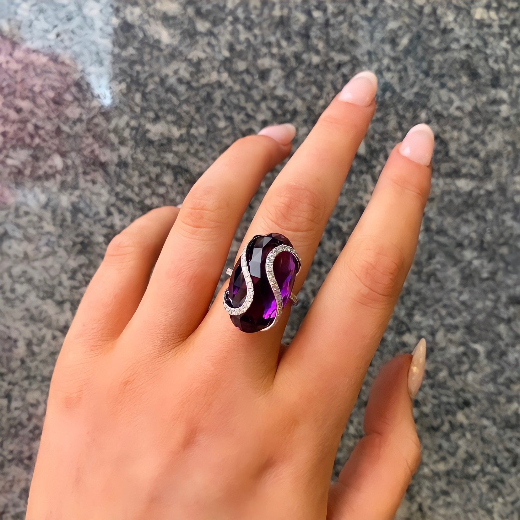 Chunky Amethyst and Diamond 18ct White Gold Cocktail Ring | Size M